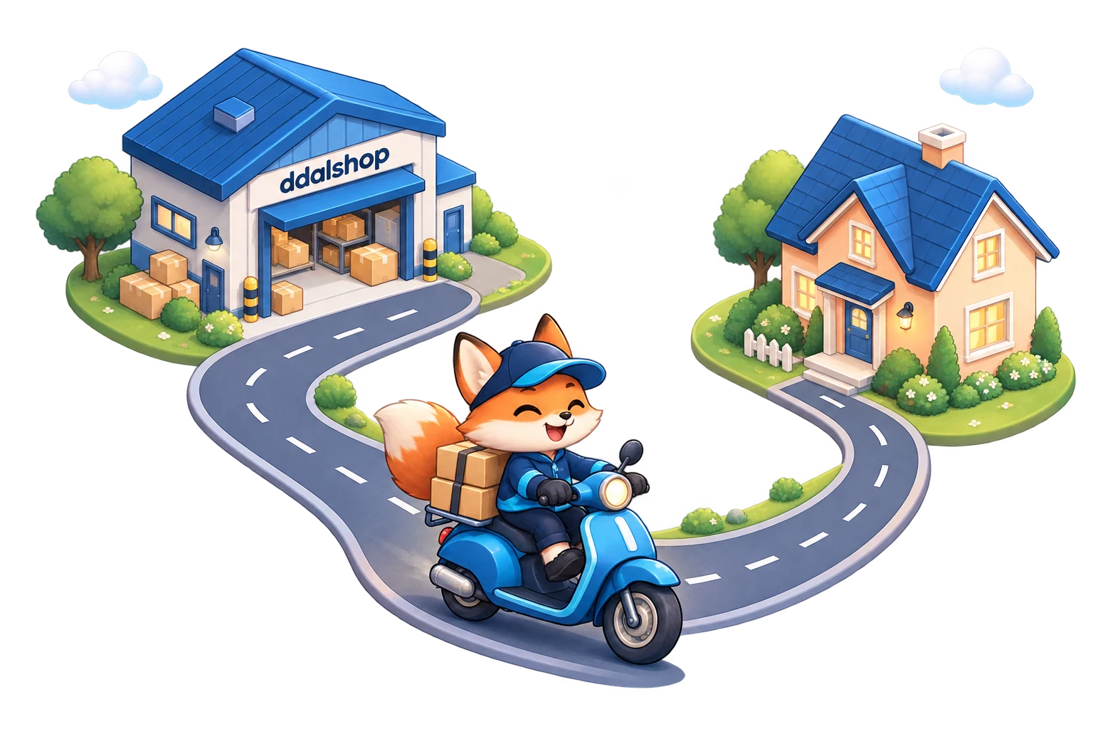 Ilustrasi kurir DDALSHOP mengantar paket dari toko ke rumah pelanggan.
