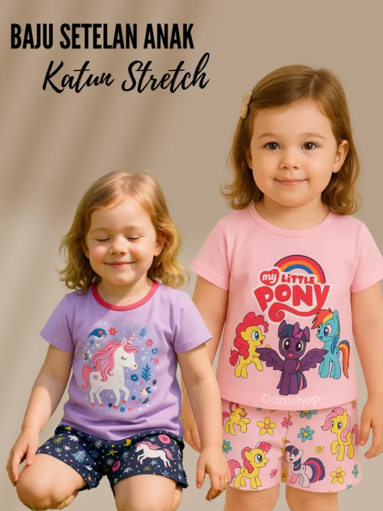 Setelan anak perempuan import stelan piyama katun stretch usia 1-9tahun