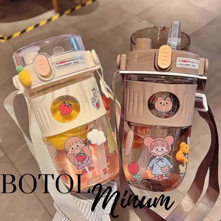 Botol Tempat Minum Anak Sedotan Karakter Lucu dengan Tali Bpa Free Incl Stiker