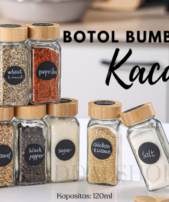 Toples Kaca Botol Bumbu Kering Bubuk Tutup Kayu Aesthetic 120ml Free Stiker dan Penyaring