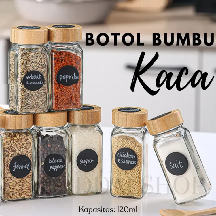 Toples Kaca Botol Bumbu Kering Bubuk Tutup Kayu Aesthetic 120ml Free Stiker dan Penyaring