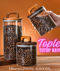 Toples Kaca Bening Aesthetic Food Container Kotak Penyimpanan Makanan Kue Kering Cookies Lebaran Kedap Udara Tutup Kayu