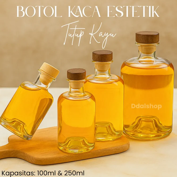 Botol Kaca Tebal Premium 100ml 250ml Botol Minuman Jus, Sirup, Infused Water Tutup Kayu Anti Bocor