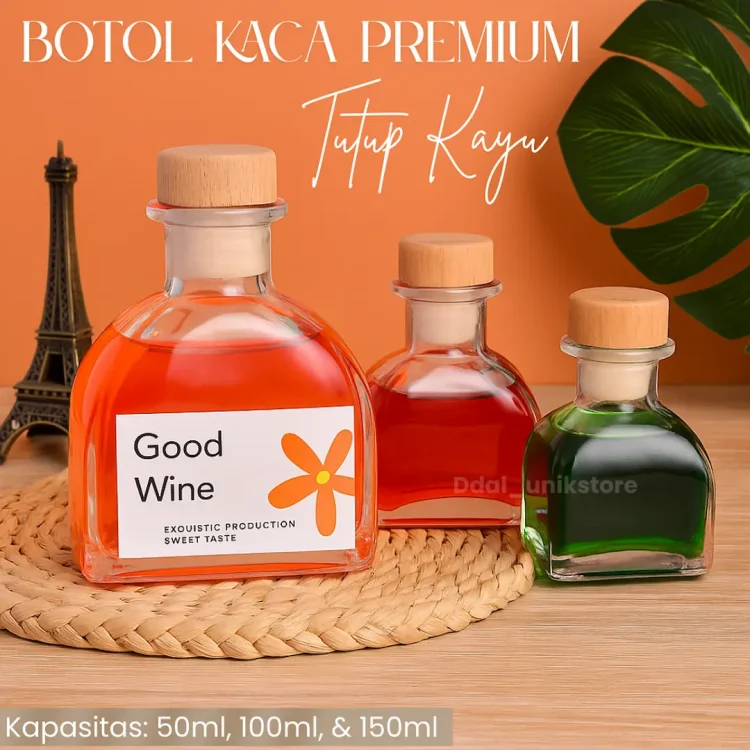 Botol Kaca Unik Estetik Premium Tutup Kayu | Bottle Kemasan Hampers, Souvenir, Minuman Sirup