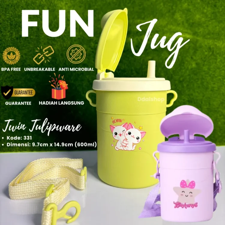 Botol Minum Anak Fun Jug Tumbler TwinTulipware Karakter Lucu 600ml BPA Free FoodGrade Tali selempang