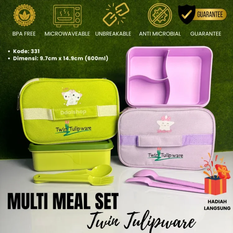 Tempat Makan Anak Multi Meal Set TwinTulipware Lunch Box 3sekat Tas Bekal Anak Lucu bisa Microwave