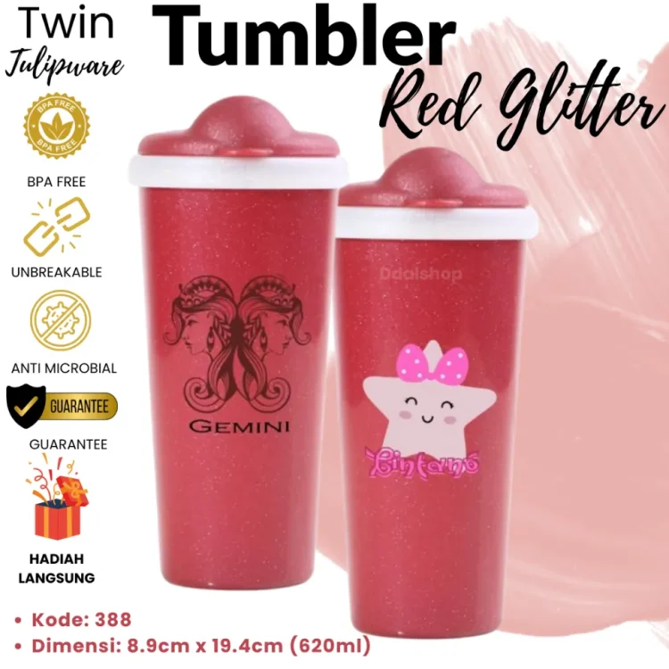 Multi TumblerAnak RedGlitter TwinTulipware 620ml BotolMinum BPA Stiker UVDTF Karakter Lucu Anti Tumpah