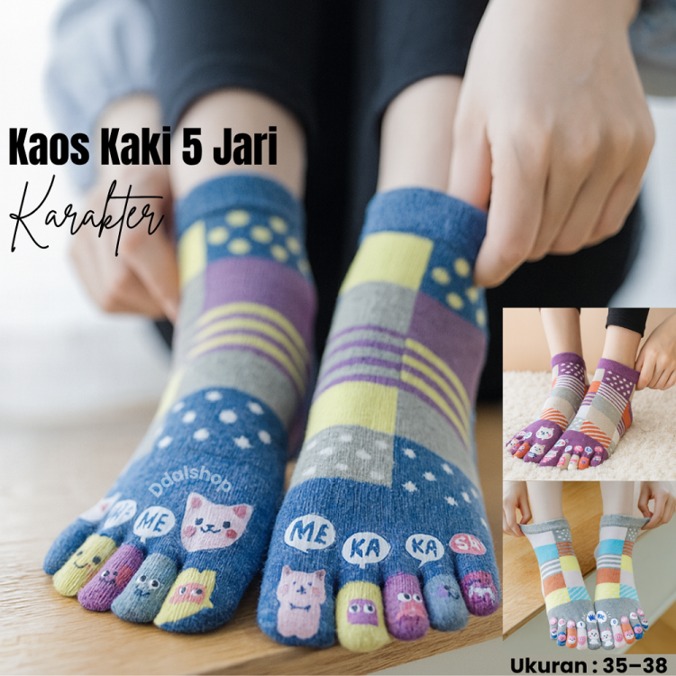 Kaus Kaki Lima Jari Karakter Katun Lembut Tidak Gerah Fit 35–38 Kaos Kaki Wanita Kualitas Premium