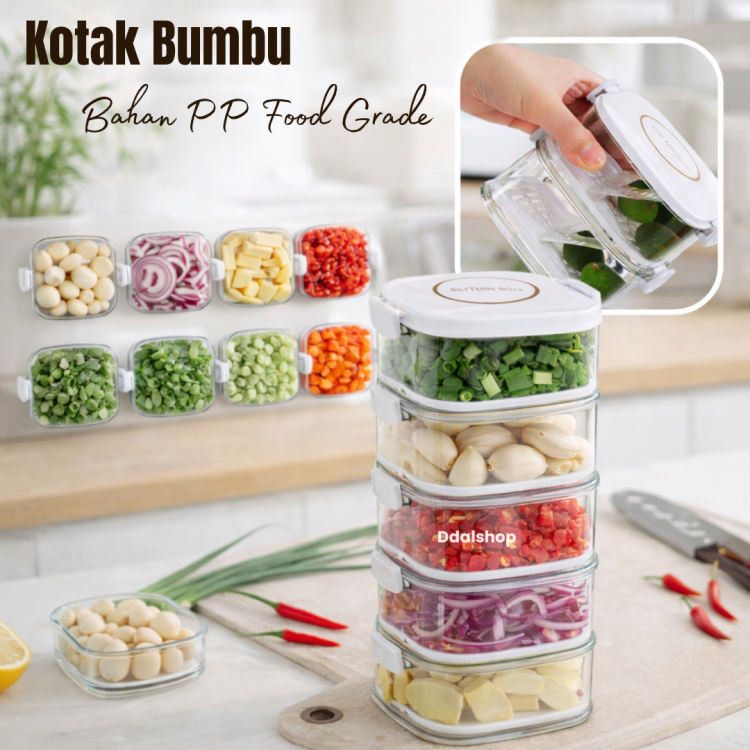 Kotak Penyimpanan Bumbu Kulkas Kedap Udara Anti Bocor Wadah Bawang Cabai Sayur Incl Saringan Peniris