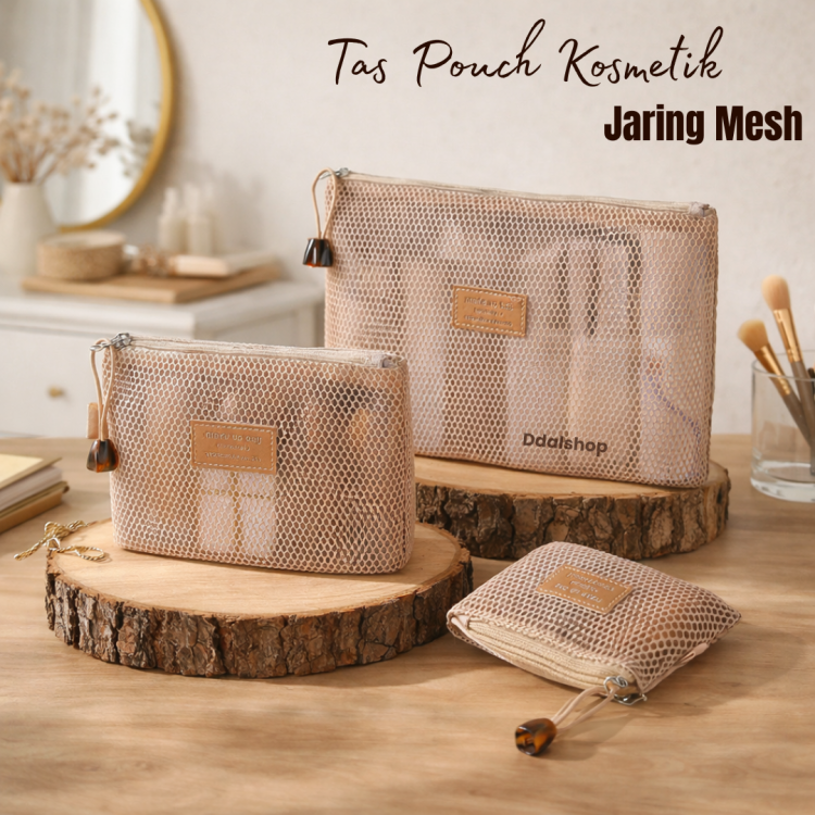 Tas Kosmetik Jaring Mesh Transparan Premium | Makeup Skincare Perlengkapan Mandi Bag Travel PVC Anti Lembap