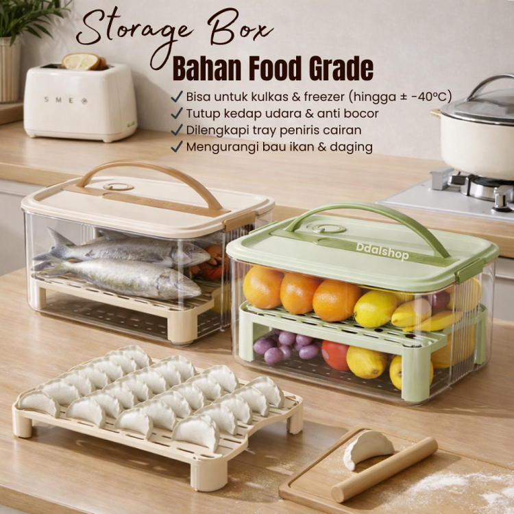 Box Penyimpanan Kulkas Food Grade Anti Bau Kedap Udara Dengan Tray Untuk Sayur Buah Ikan Daging