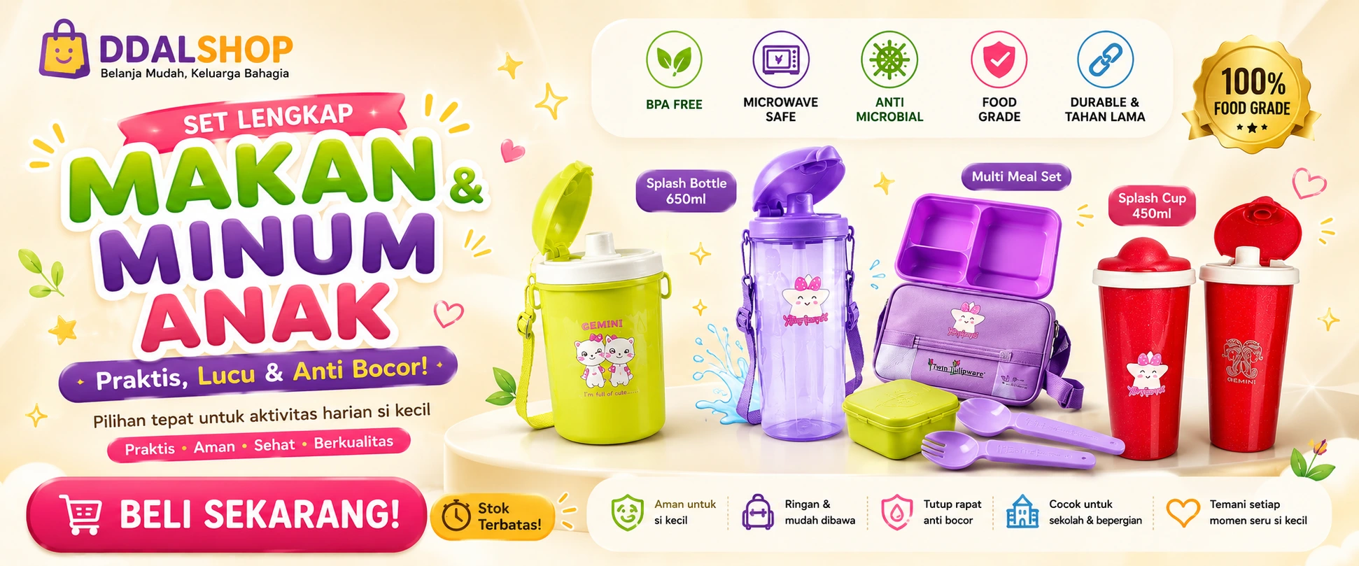 Banner botol minum anak Twin Tulipware dengan desain lucu, aman, praktis, dan anti bocor