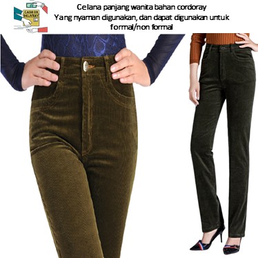 Celana Wanita Panjang Bahan Corduroy/Codoray Pants untuk Remaja Warna hitam, Hijau Olive - Foto 1