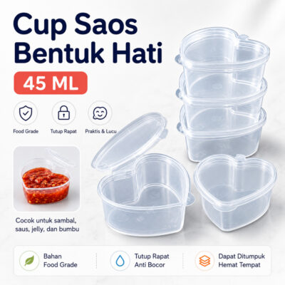 Cup tempat sambal saos kecap plastik 45ml motif hati tutup klip/ sauce cup (50piece) - Foto 1