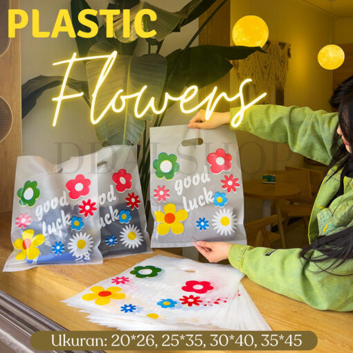 Kantong Plastik Bening Motif Print Bunga Lucu Plastic Kresek Kemasan Goodie Bag Bahan HDPE - Foto 1