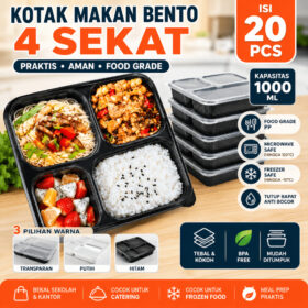 Kotak Makan Bento 4 Sekat Isi 20pcs Lunch Box Food Grade 1000ml Microwave Freezer Safe - Foto 1