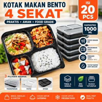 Kotak Makan Bento 4 Sekat Isi 20pcs Lunch Box Food Grade 1000ml Microwave Freezer Safe - Foto 1