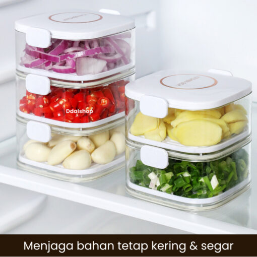 Kotak Penyimpanan Bumbu Kulkas Kedap Udara Anti Bocor Wadah Bawang Cabai Sayur Incl Saringan Peniris - Foto 1