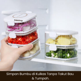 Kotak Penyimpanan Bumbu Kulkas Kedap Udara Anti Bocor Wadah Bawang Cabai Sayur Incl Saringan Peniris - Foto 7