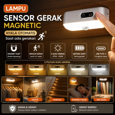 Lampu LED Sensor Gerak Magnetic 5 Warna Lampu Belajar  Emergency Lamp  Multifungsi Usb Charging - Foto 1