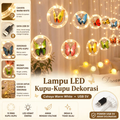 Lampu Tumblr Tirai LED Dekorasi Ruangan Motif Kupu kupu Butterfly Lamp Tumbler Hias 3M - Foto 1
