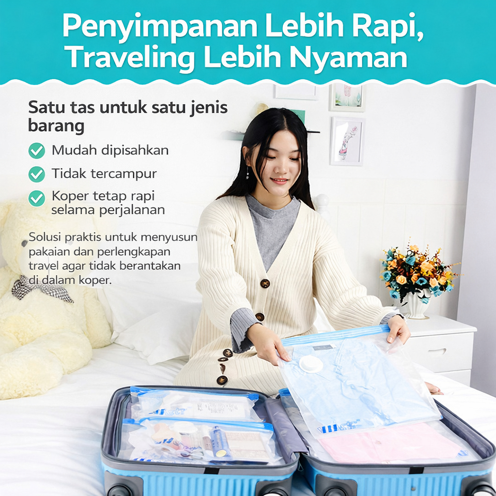 Plastik Vacum Baju Plastic Vakum Pakaian Kantong Vacuum Bag Travel Transparan - Foto 1