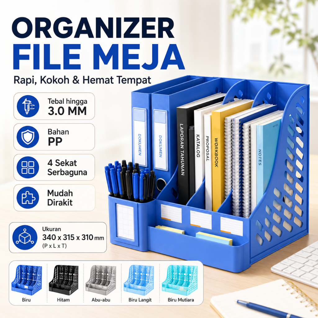 Rak Buku Kotak Penyimpanan Box File Dokumen ATK Keranjang Plastik 4 Sekat - Foto 1