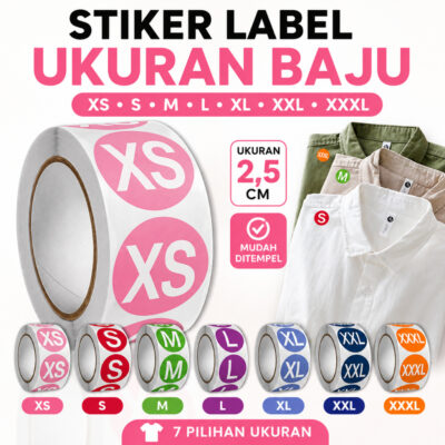 Stiker Label Huruf Sticker Tempel Bulat Size Ukuran Baju Pakaian Celana Kaos 2,5cm - Foto 1