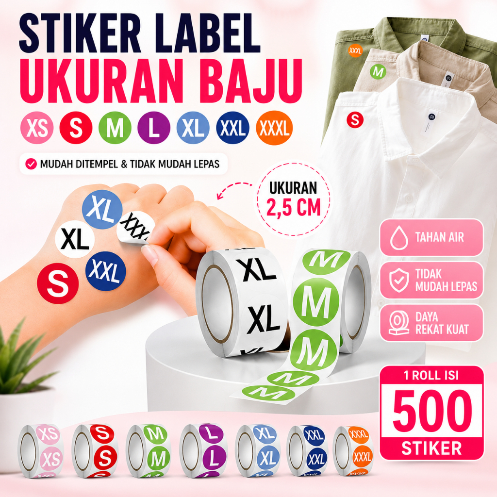 Stiker Label Huruf Sticker Tempel Bulat Size Ukuran Baju Pakaian Celana Kaos 2,5cm - Foto 2