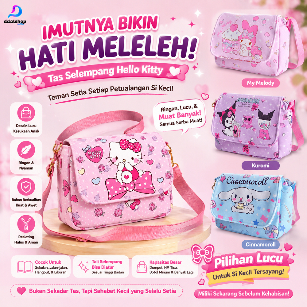 Tas Slempang Anak Perempuan Bag Selempang Resleting Jinjing Karakte Kuromi Cinnamoroll Hello Kitty Melody Bahan PU - Foto 1