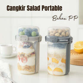 Tempat Salad Cup Bekal Diet Double Layer Anti Tumpah + Sendok Garpu Portable Meal Prep - Foto 1