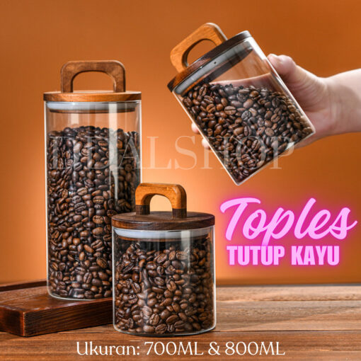 Toples Kaca Aesthetic Food Container Kotak Penyimpanan Kue Cookies Lebaran Kedap Udara Tutup Kayu - Foto 1